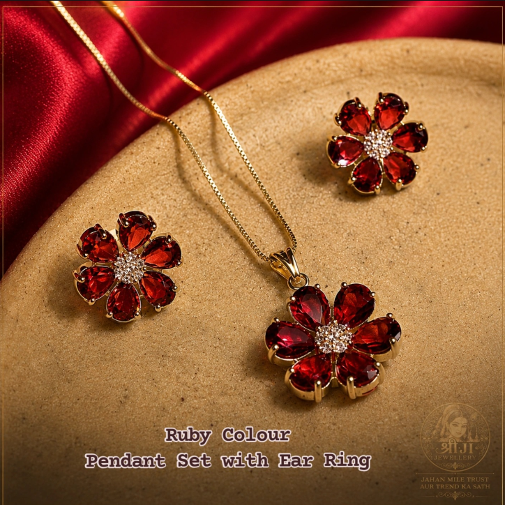 Ruby color Pendant with Earing